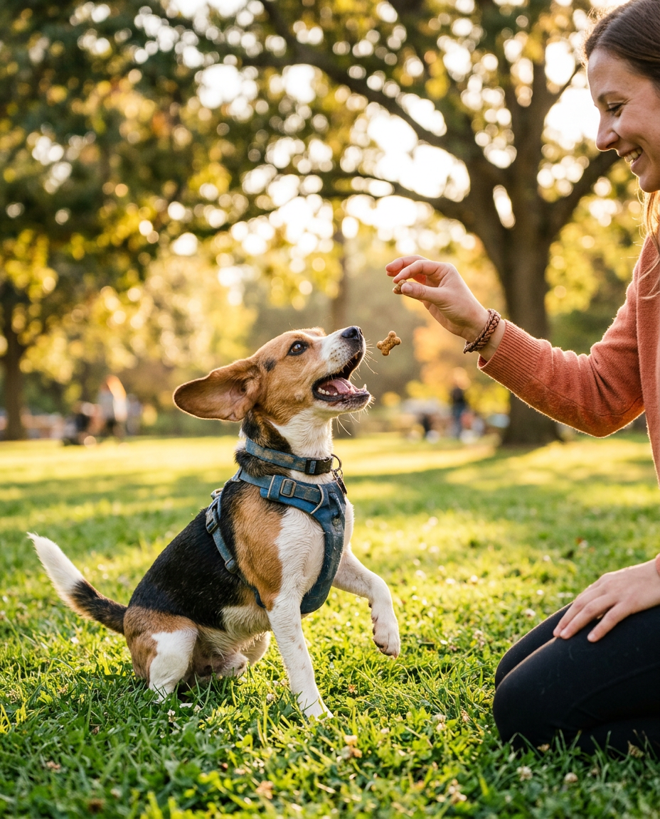 Beagle felice al parco che riceve uno snack dalla mano del suo umano