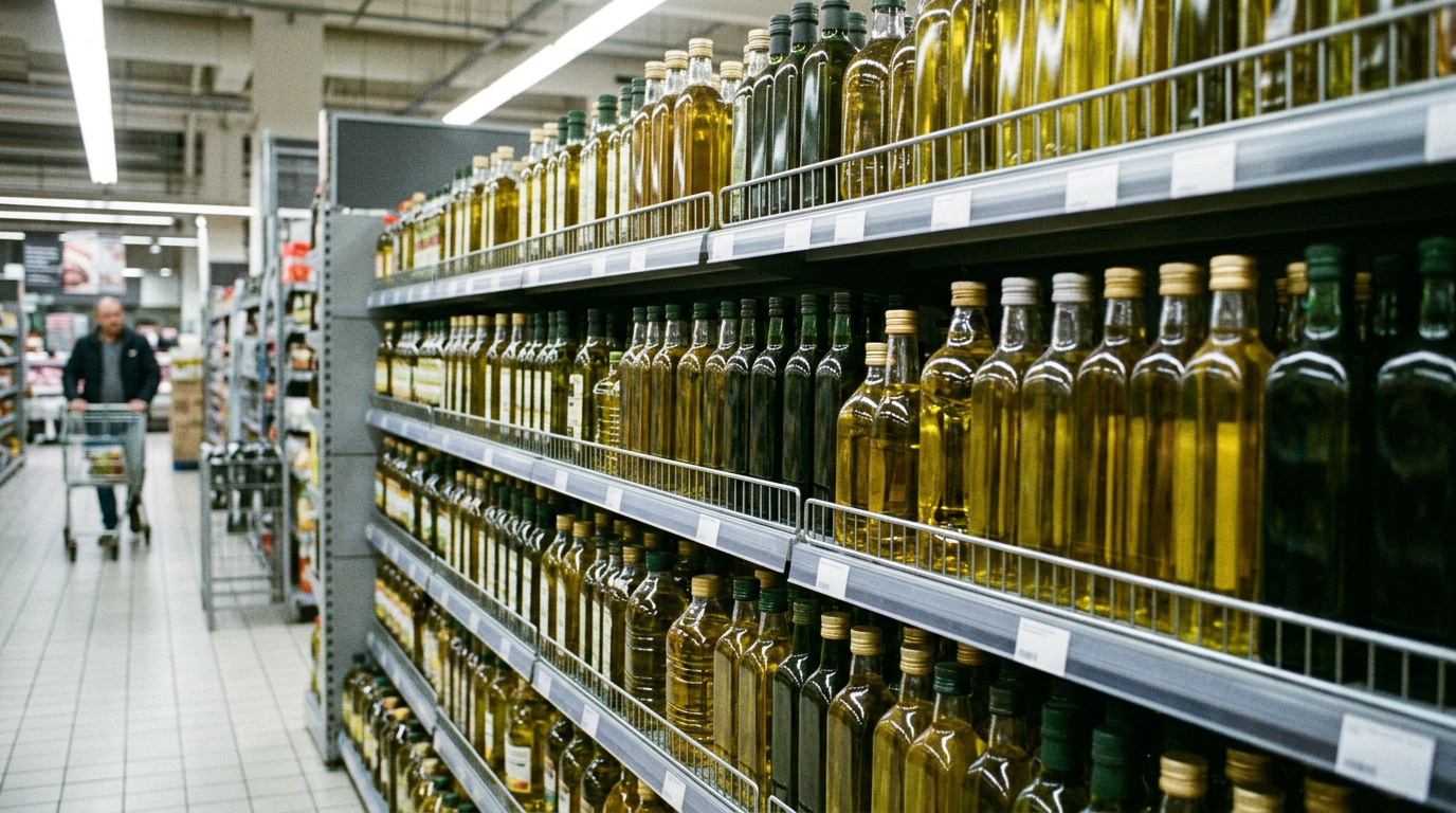Supermarket shelf lined with olive oil bottles under fluorescent light