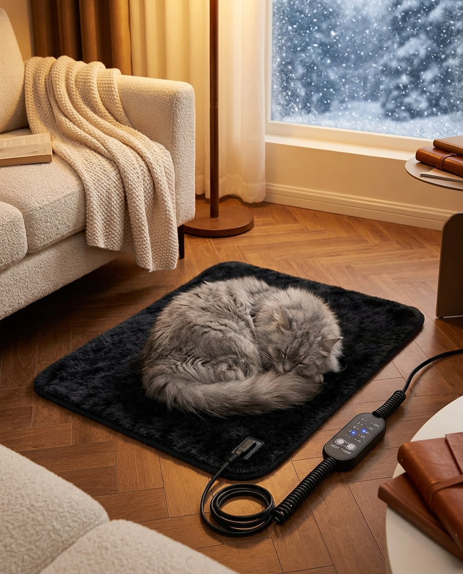 Grey cat curled up on the plush heated mat beside a sofa