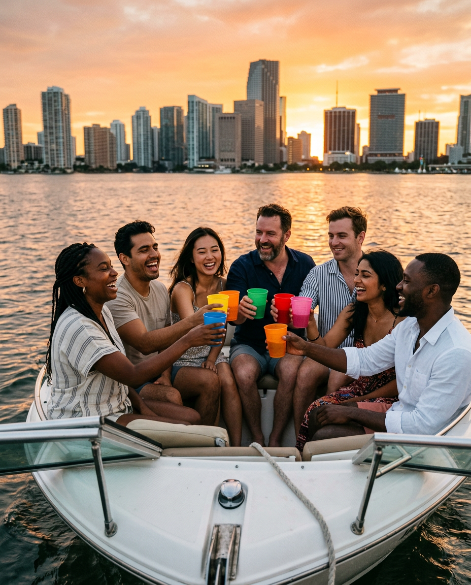 Guests who just met toasting together on the bow of the boat at sunset with the Miami skyline behind