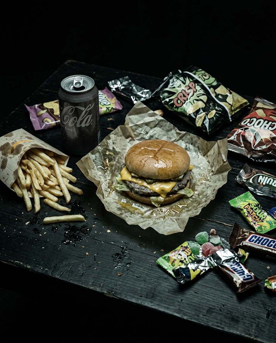 Ultra-processed food: burger, fries, soda and packaged snacks