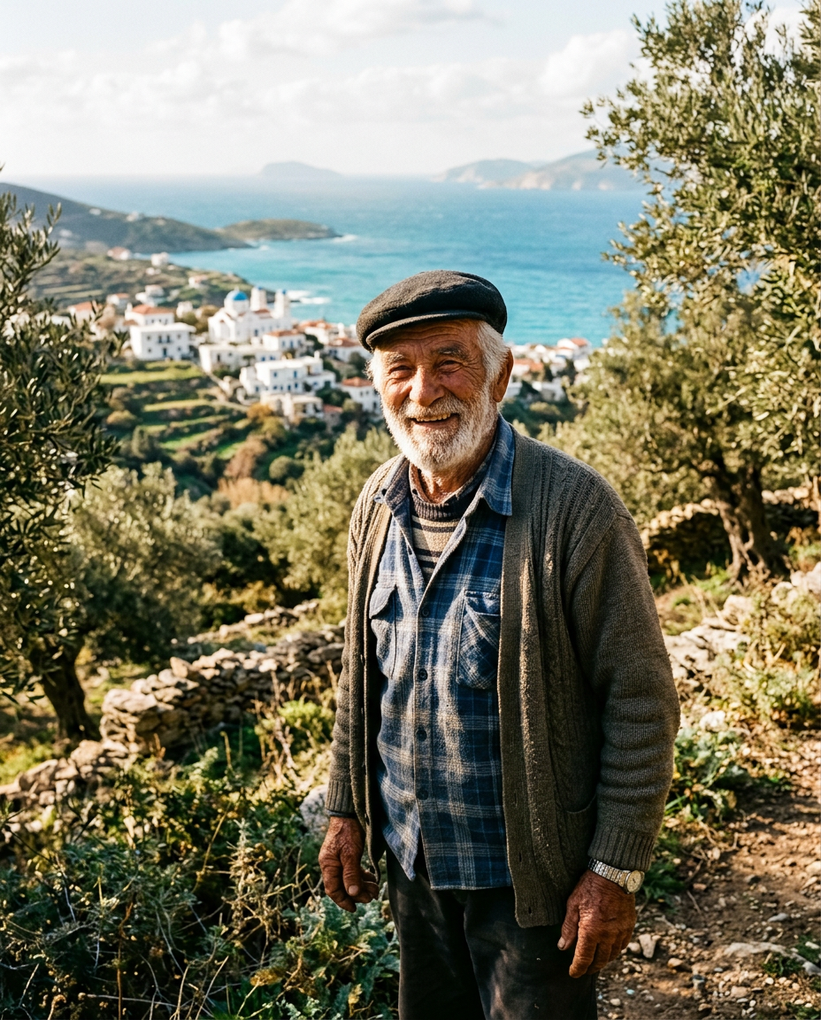 Smiling Greek man in his 90s in an olive grove on the island of Ikaria