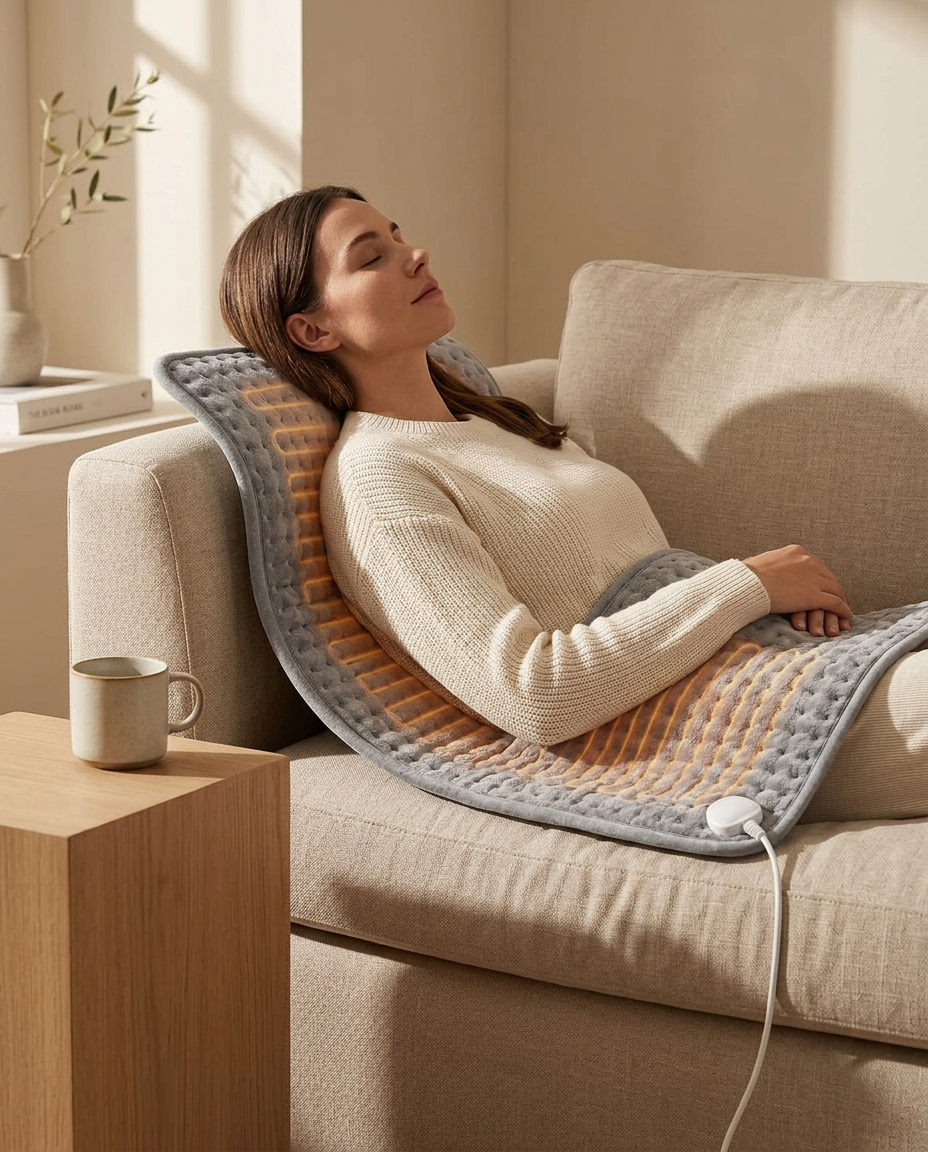 Femme détendue sur un canapé en lin, le coussin chauffant Nuna Cocoon posé sur le dos et les épaules