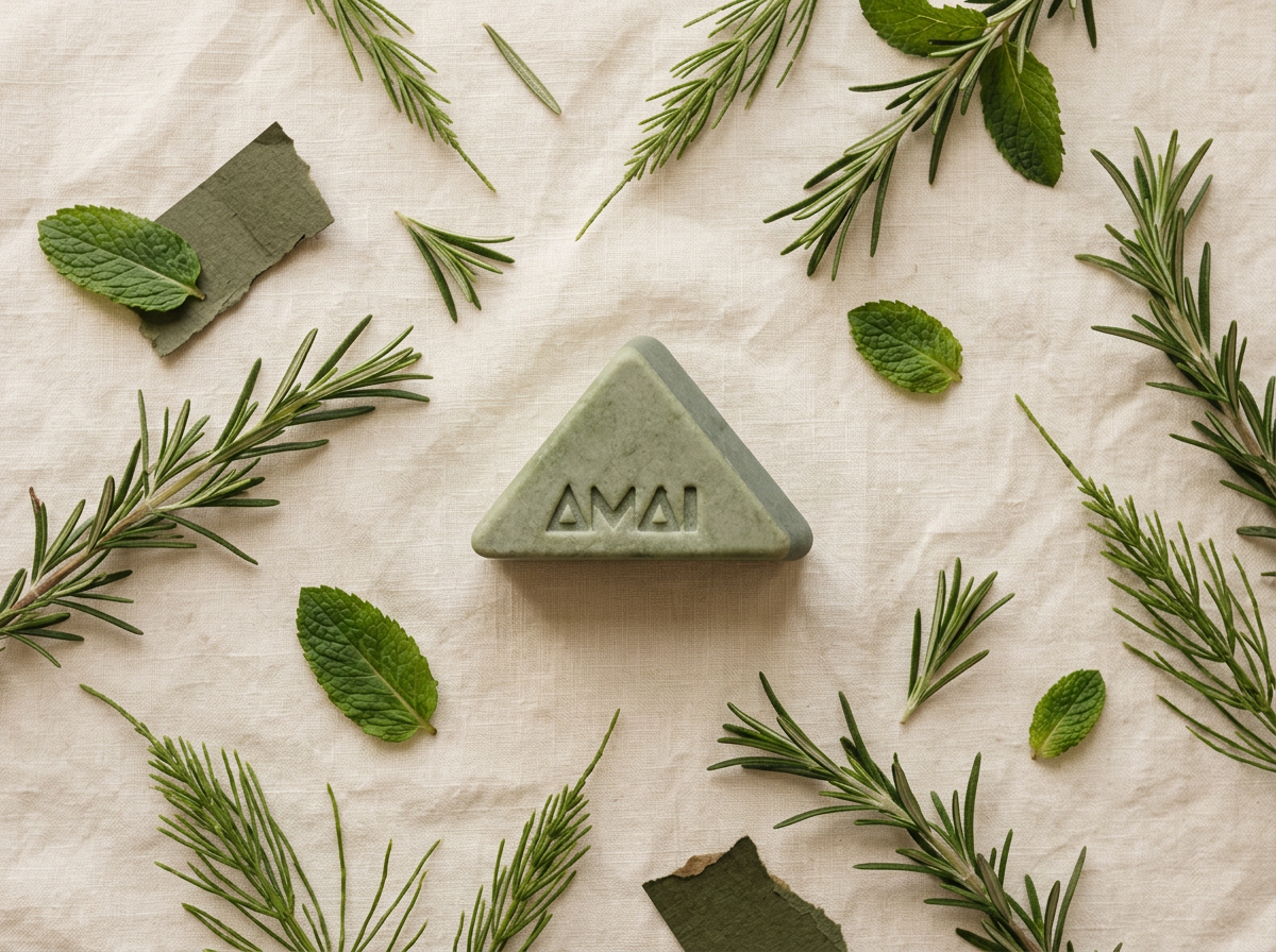Fresh rosemary, horsetail and mint arranged around the AMAI shampoo bar