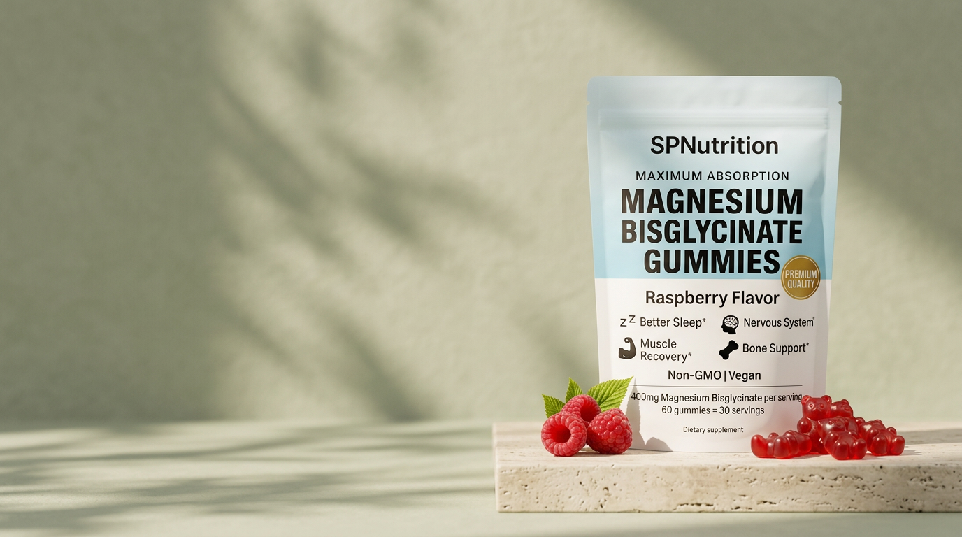 Magnesium bisglycinate gummies pouch on a stone pedestal with fresh raspberries