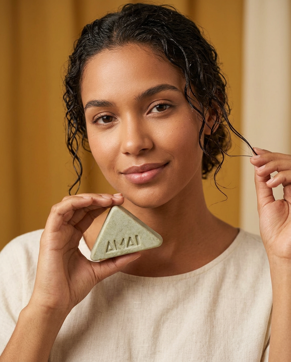 Woman with wet hair holding the AMAI Anticaída shampoo bar near her collarbone