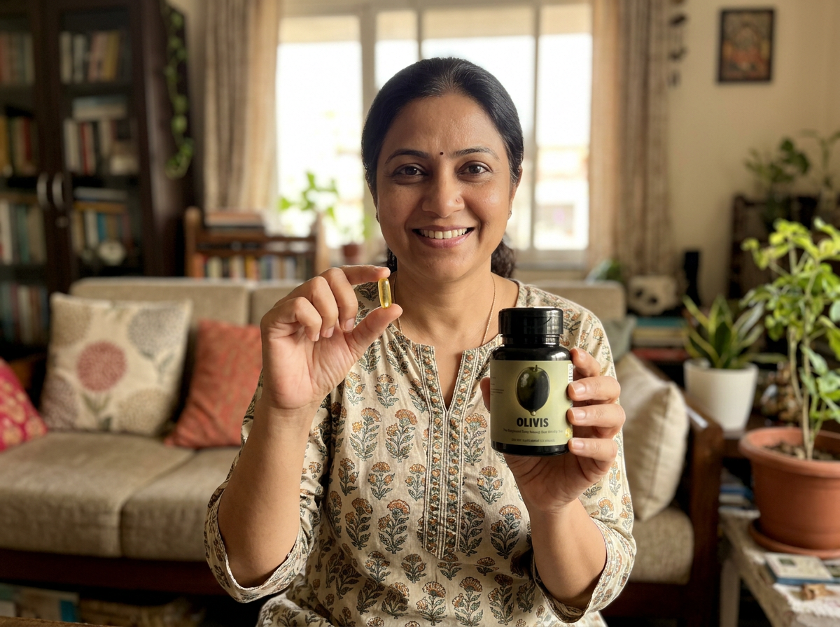 Priya holding an Olivis bottle and capsule at home