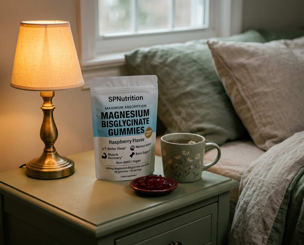 Nightstand with the gummies pouch, herbal tea and a warm lamp