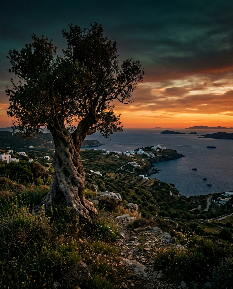 Ancient olive tree on a Greek hillside at sunset