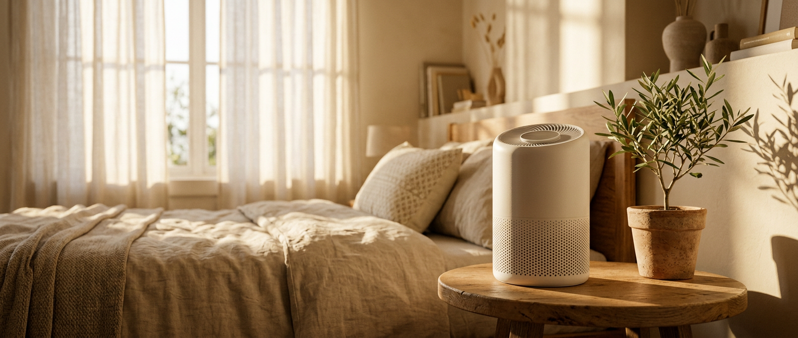 Furton Cat Air Purifier on a sunlit bedside table beside the bed