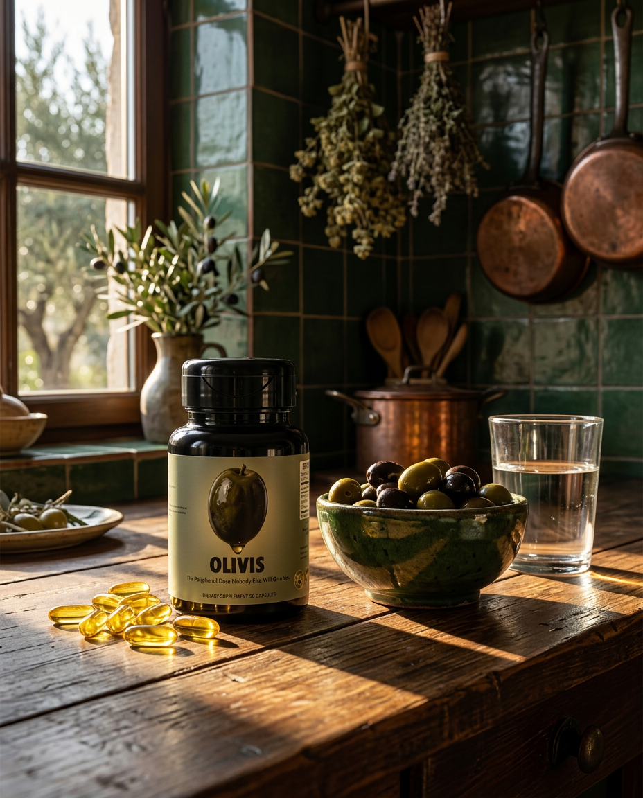 Olivis bottle and capsules on a kitchen counter in morning light