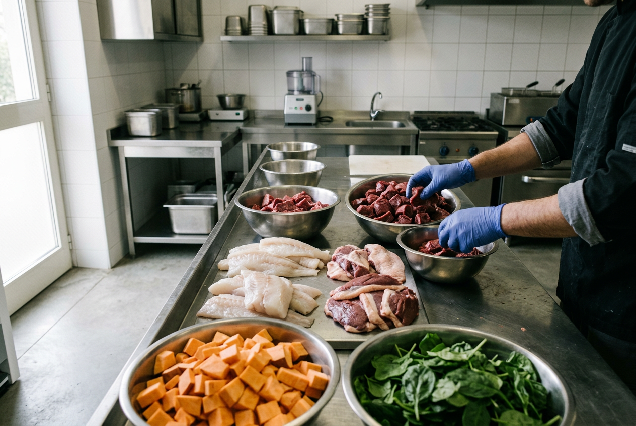 Mani che selezionano carne e pesce freschi nelle nostre cucine
