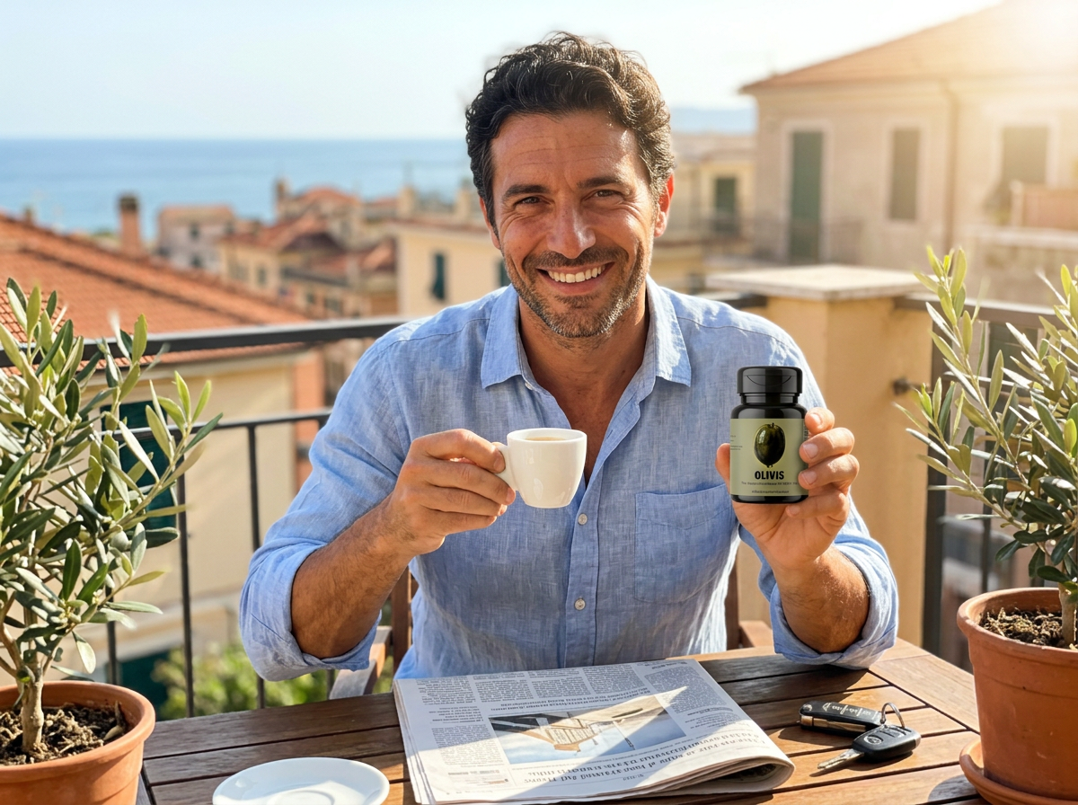 Marco with his Olivis bottle and an espresso on his balcony