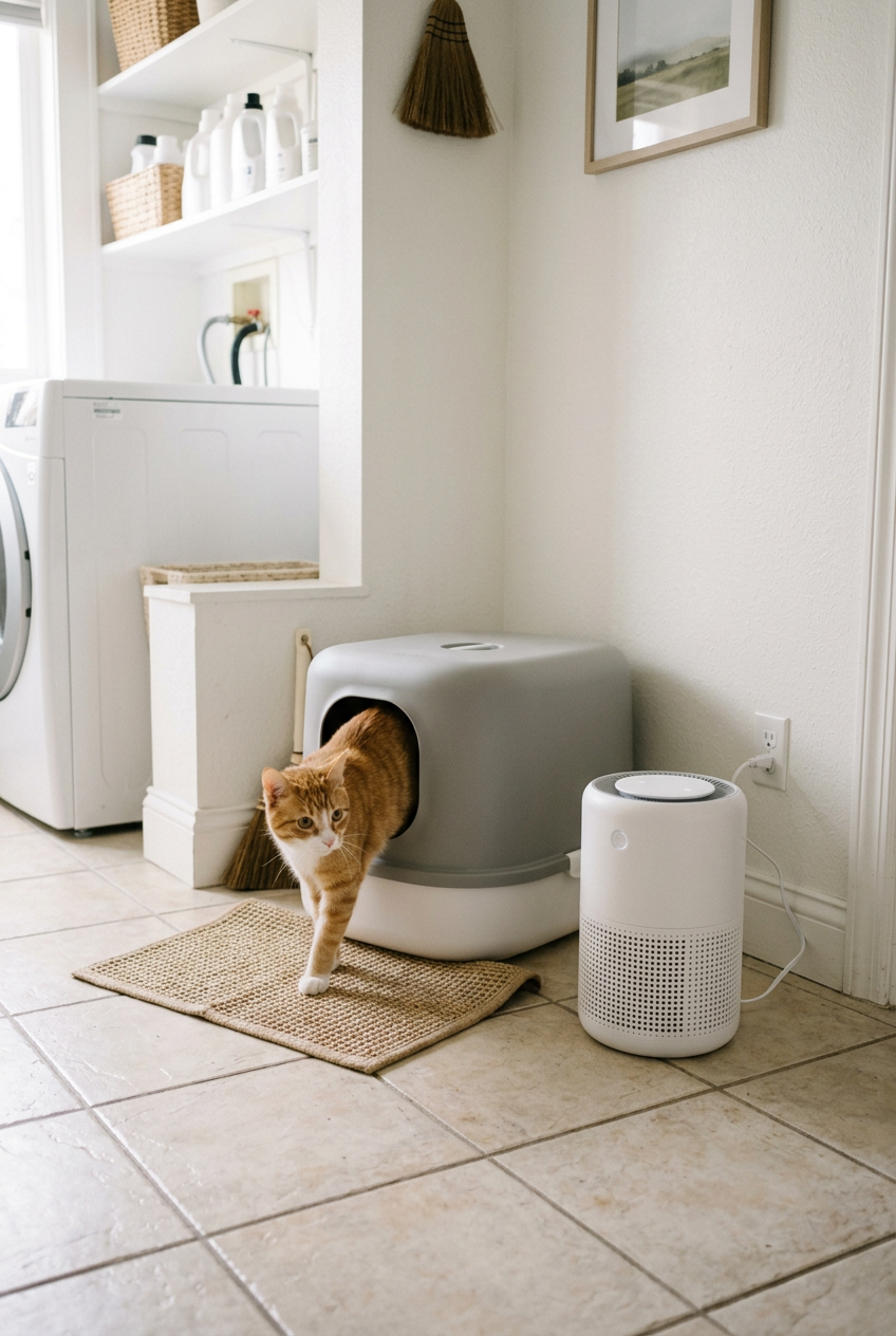 Ginger cat stepping out of a litter box with the purifier nearby