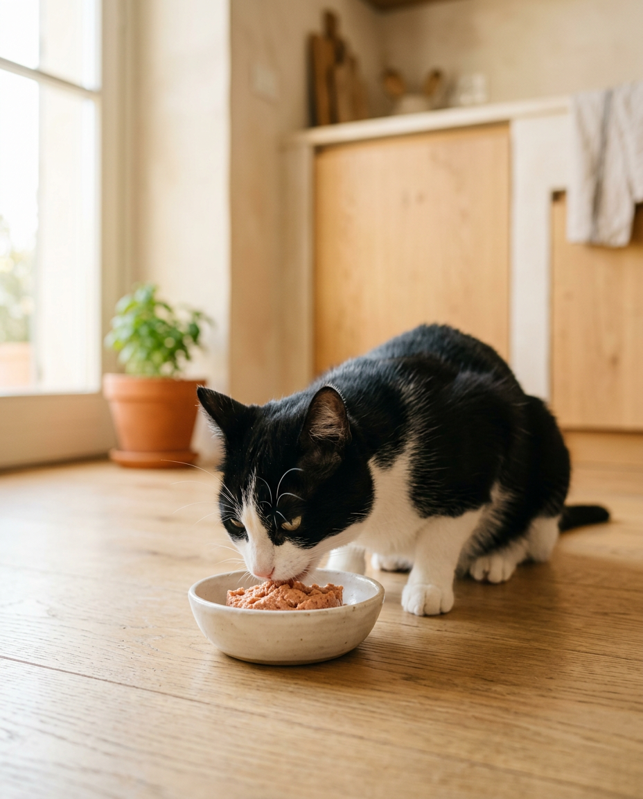Gatto bianco e nero che mangia paté da una ciotola in ceramica