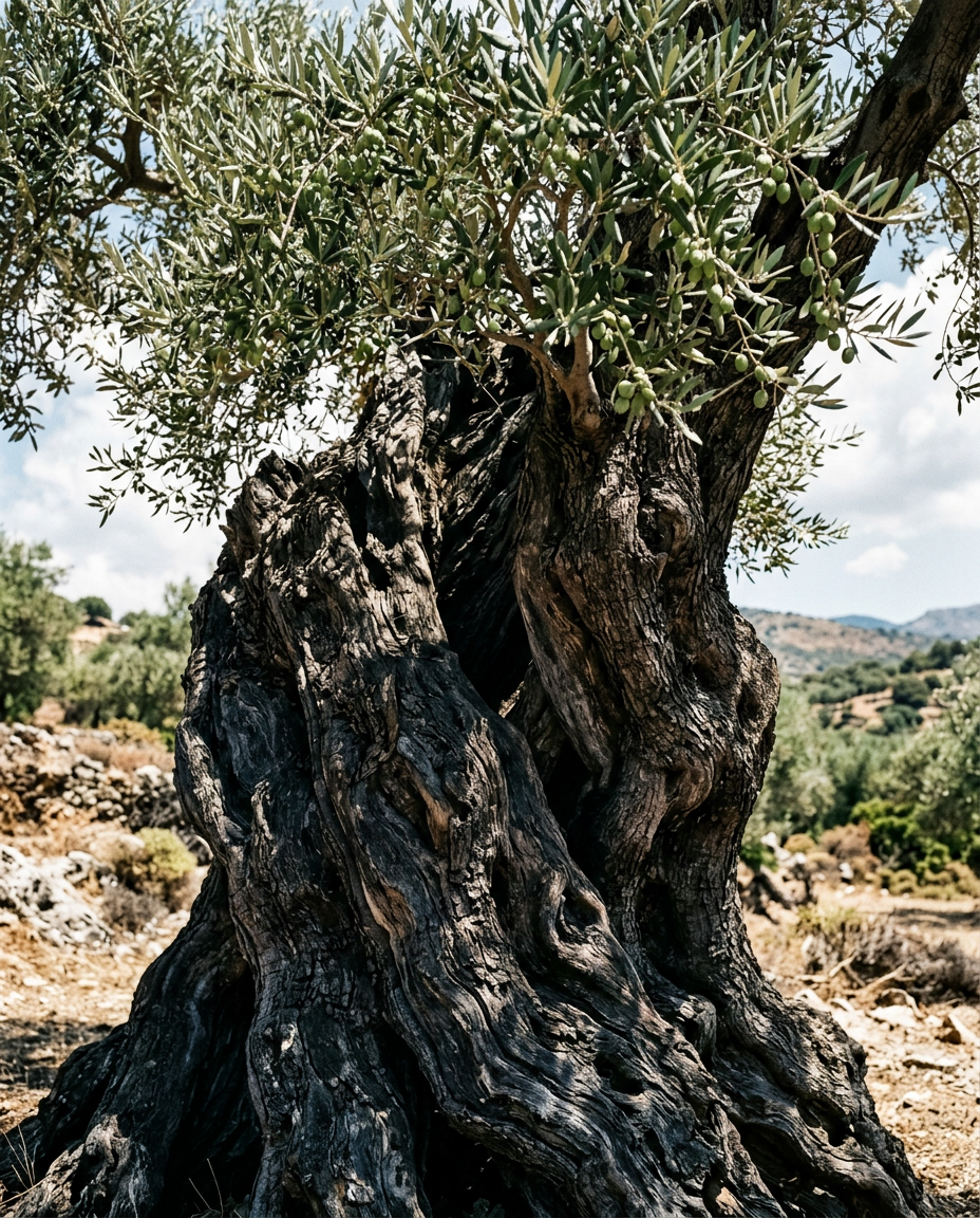 Ancient gnarled olive tree trunk under the Mediterranean sun