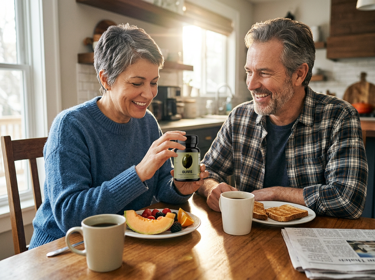 Elena and her husband at the breakfast table with Olivis