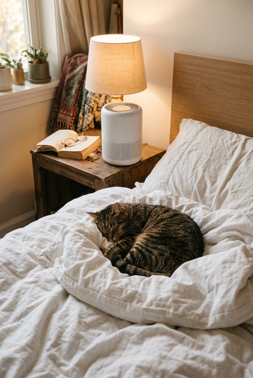 Tabby cat asleep in bed with the purifier on the nightstand