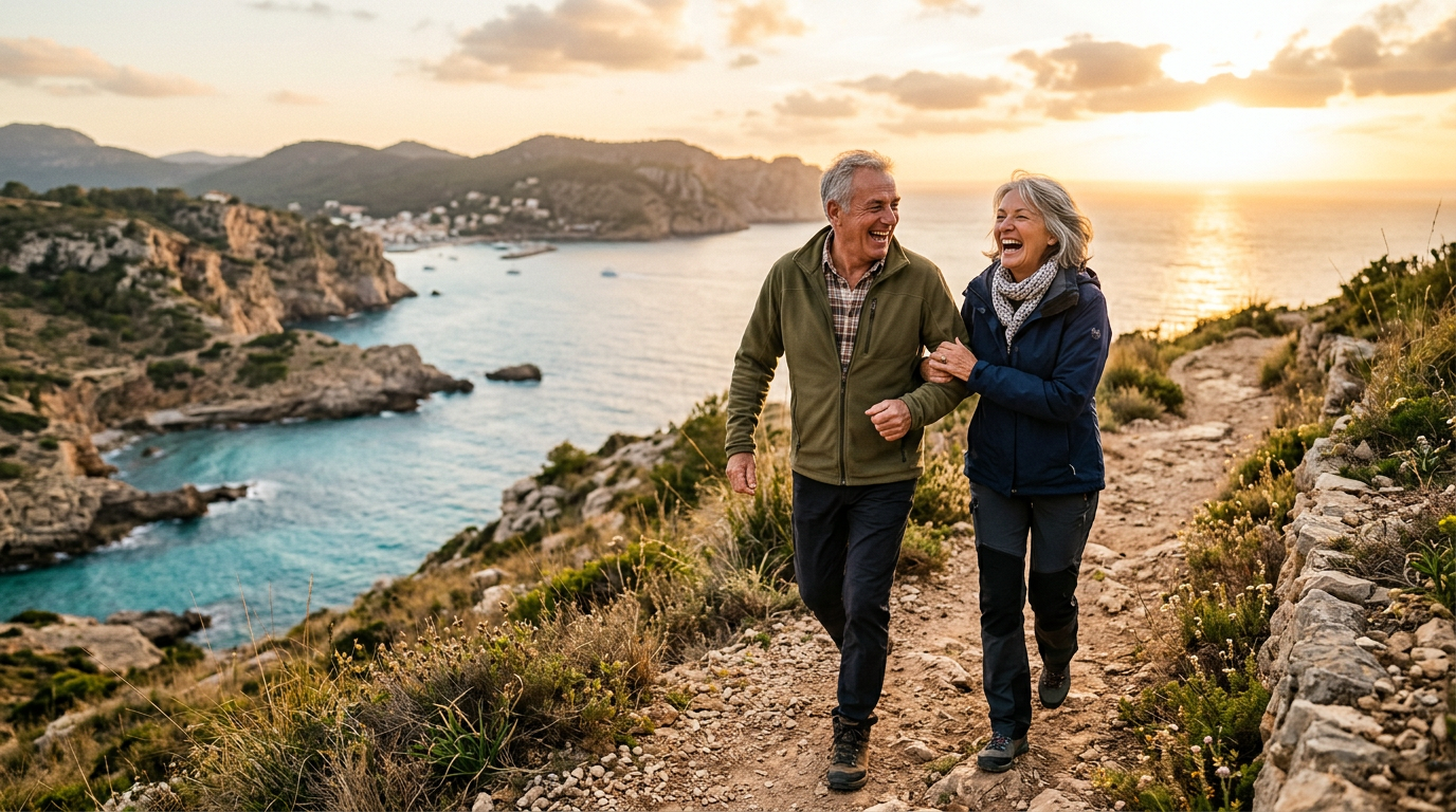 A smiling couple in their sixties walking along a coastal path at golden hour