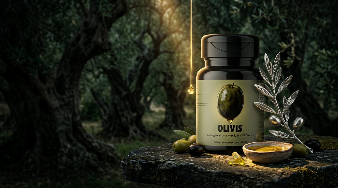Olivis Polyphenol Complex bottle on a stone slab in an ancient olive grove