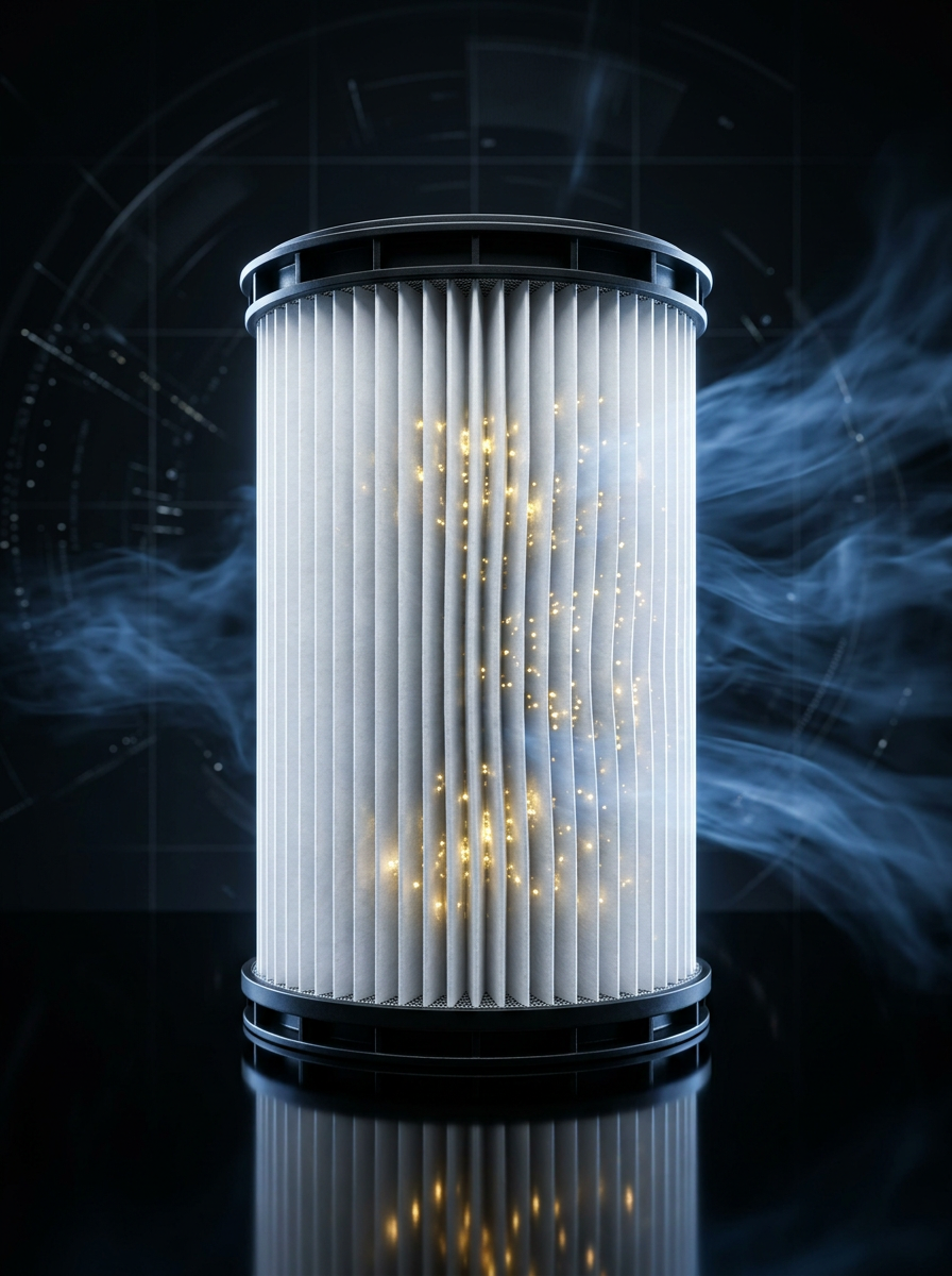 Pleated H13 HEPA filter trapping fine particles