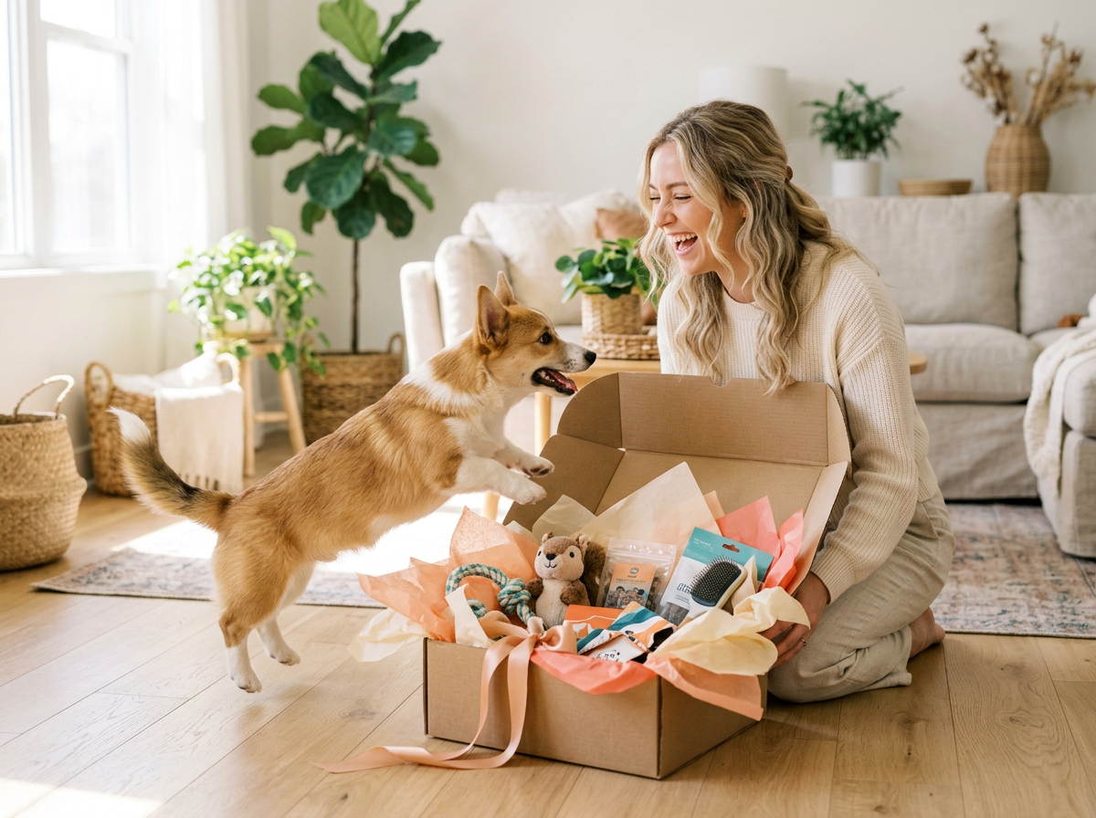 Ragazza che ride mentre il suo cane salta felice verso una scatola regalo piena di prodotti per animali