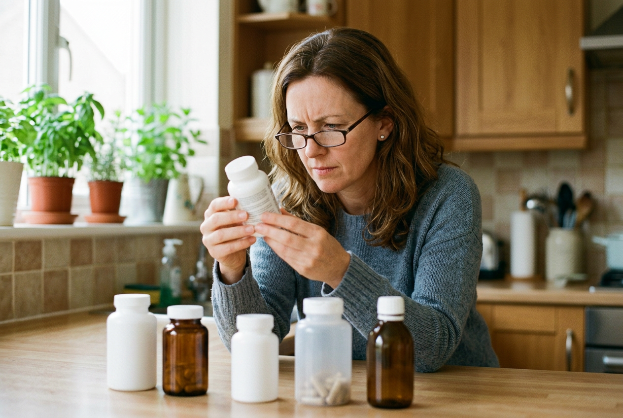 Woman reading the back label of a magnesium supplement bottle at her kitchen counter