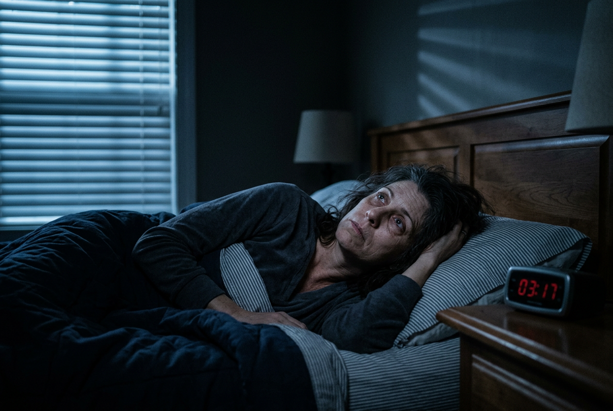 Exhausted woman lying awake in bed in the middle of the night