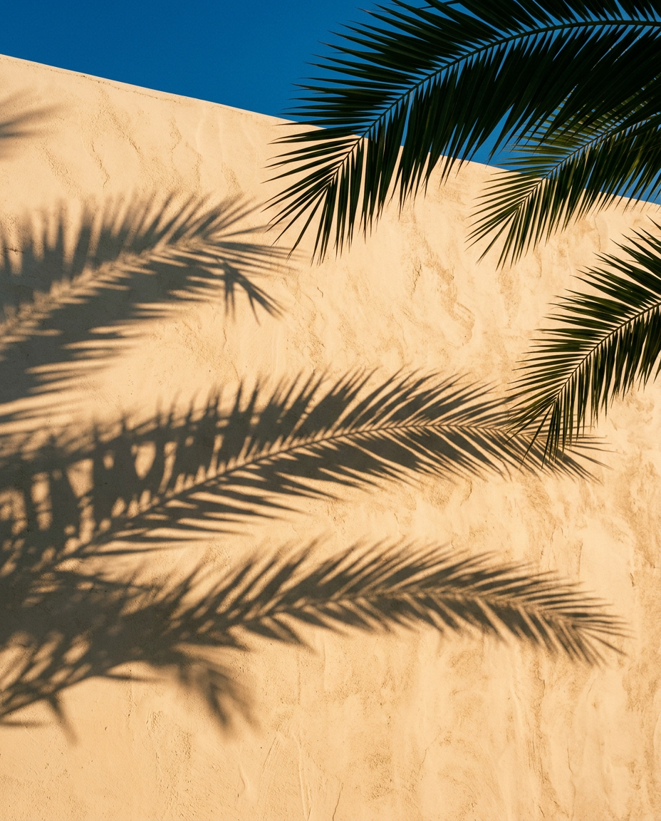 Palm frond shadows on a warm plaster wall in San Diego light