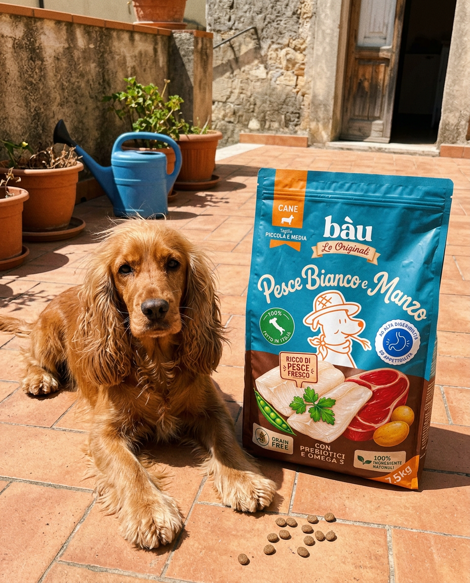 Un cocker spaniel dal pelo lucido in terrazza accanto al sacco Le Originali Pesce Bianco e Manzo