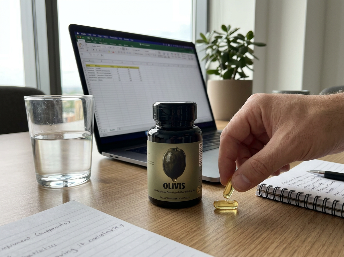 Olivis bottle on Tom's office desk next to his laptop