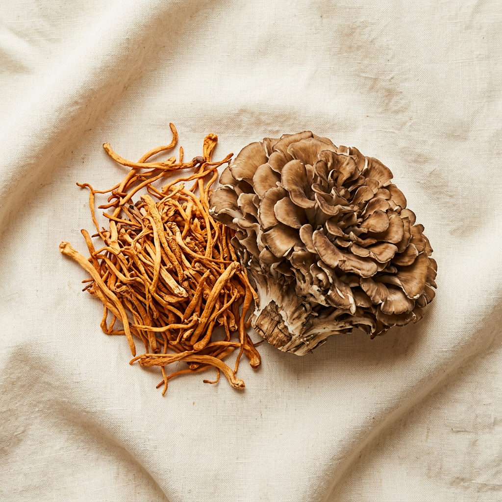 Dried cordyceps and a maitake mushroom cluster