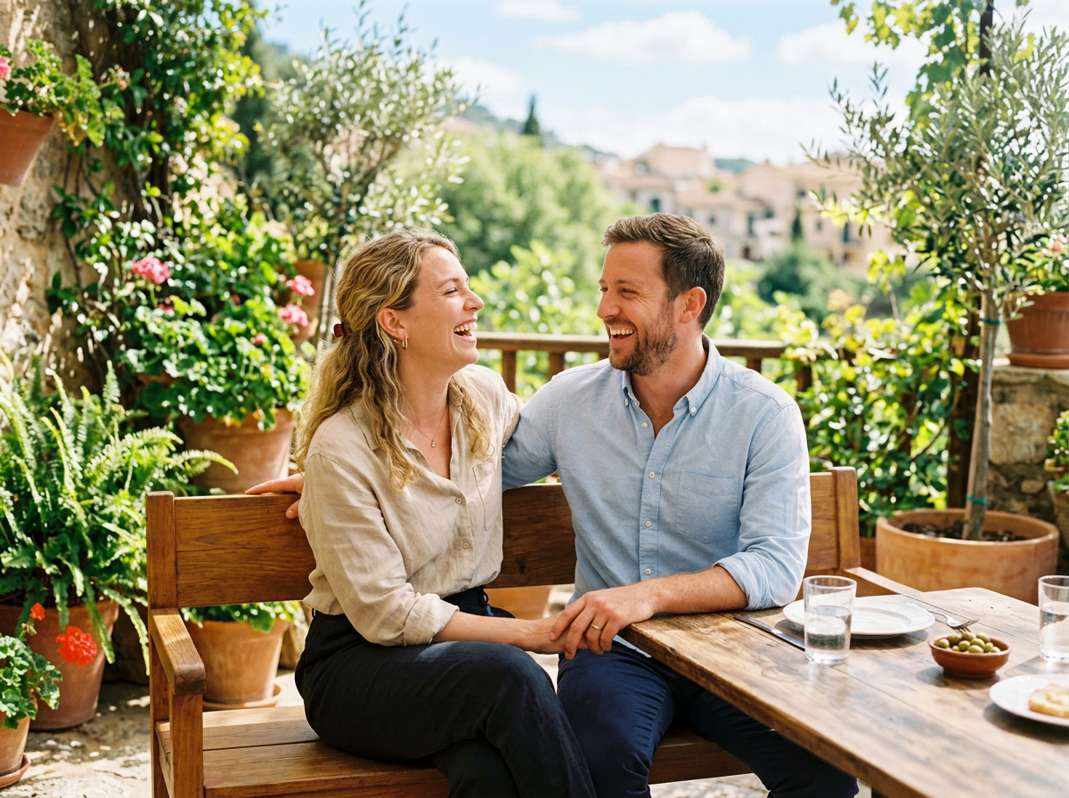 Happy couple laughing together on a sunny terrace