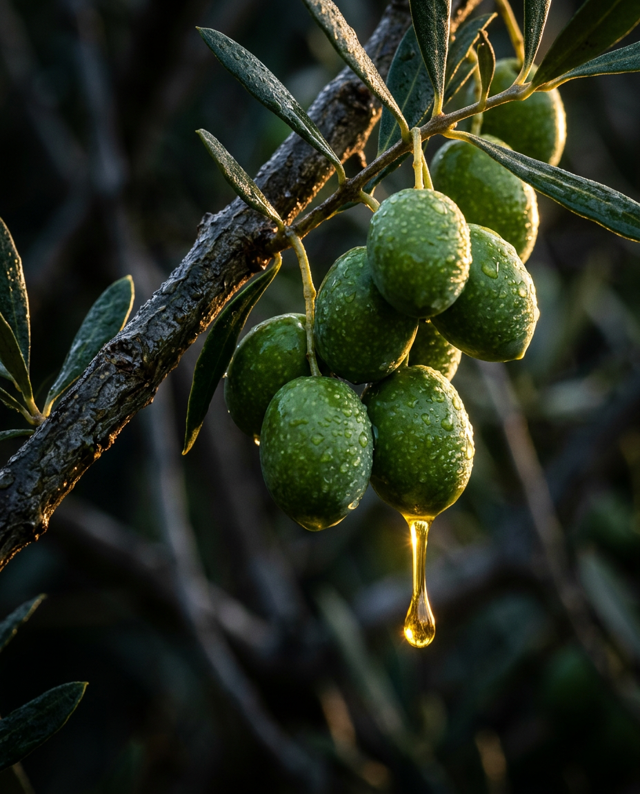 Fresh green olives on the branch with a drop of golden oil