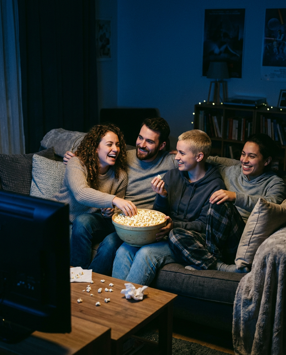 Amigos compartiendo palomitas en una noche de películas