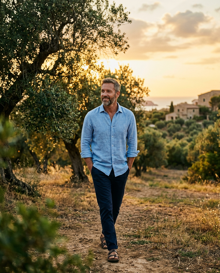Man walking through a sunlit olive grove
