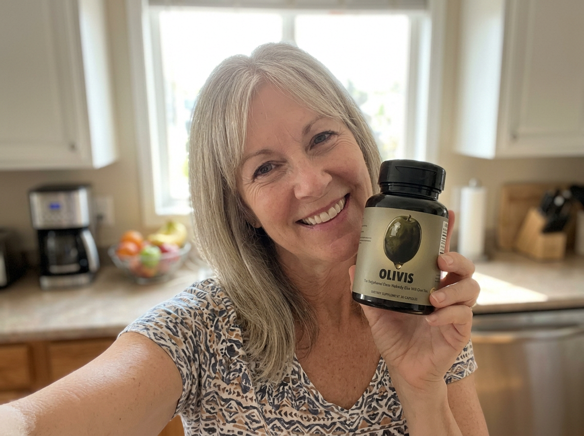 Linda holding her bottle of Olivis in her kitchen