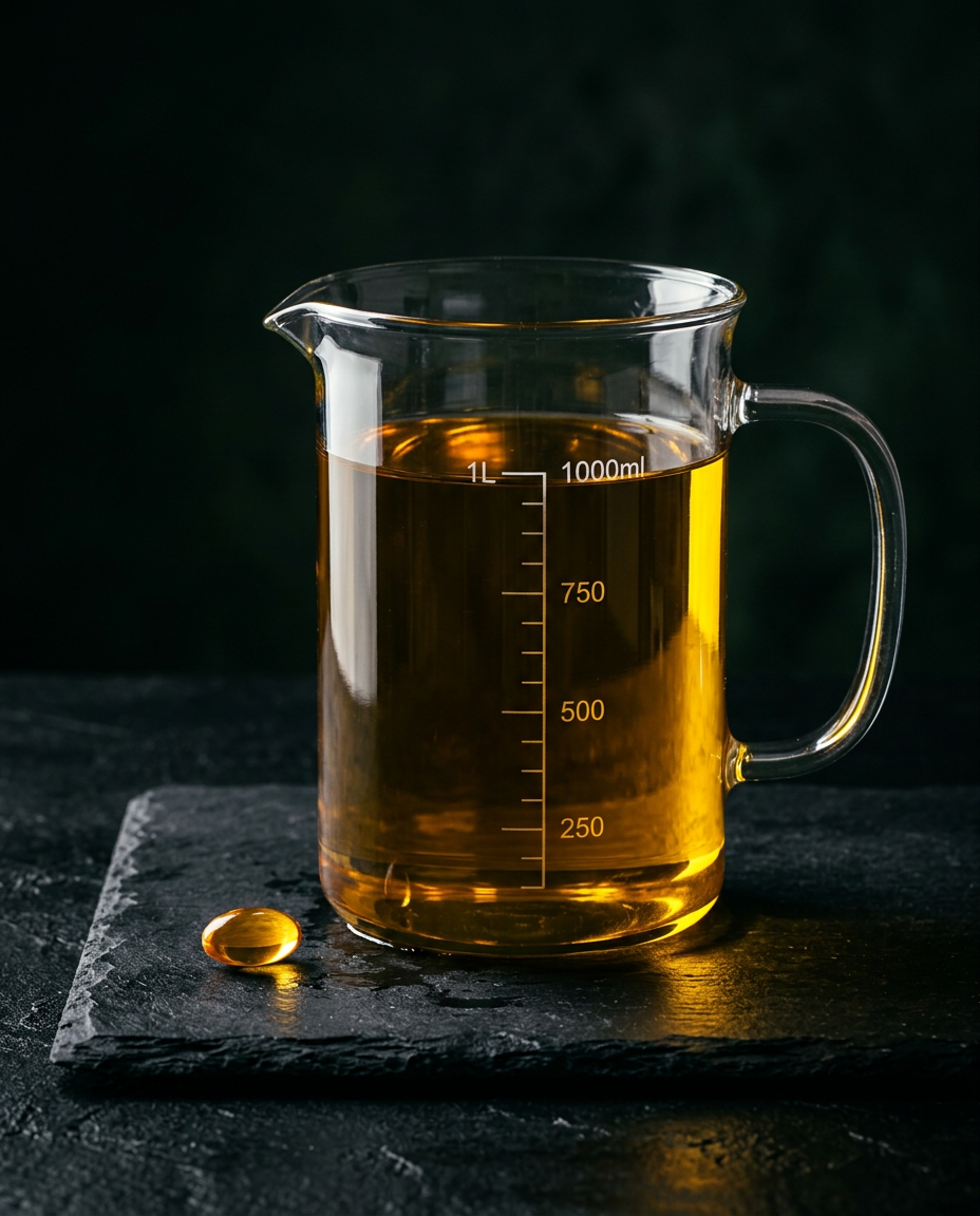A measuring jug full of olive oil next to a single capsule