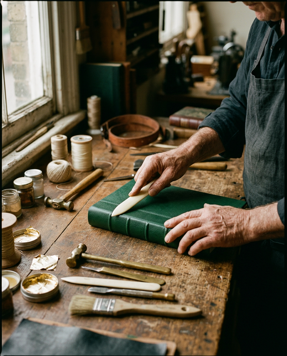 A bookbinder's hands pressing a green leather-look cover at a wooden workbench