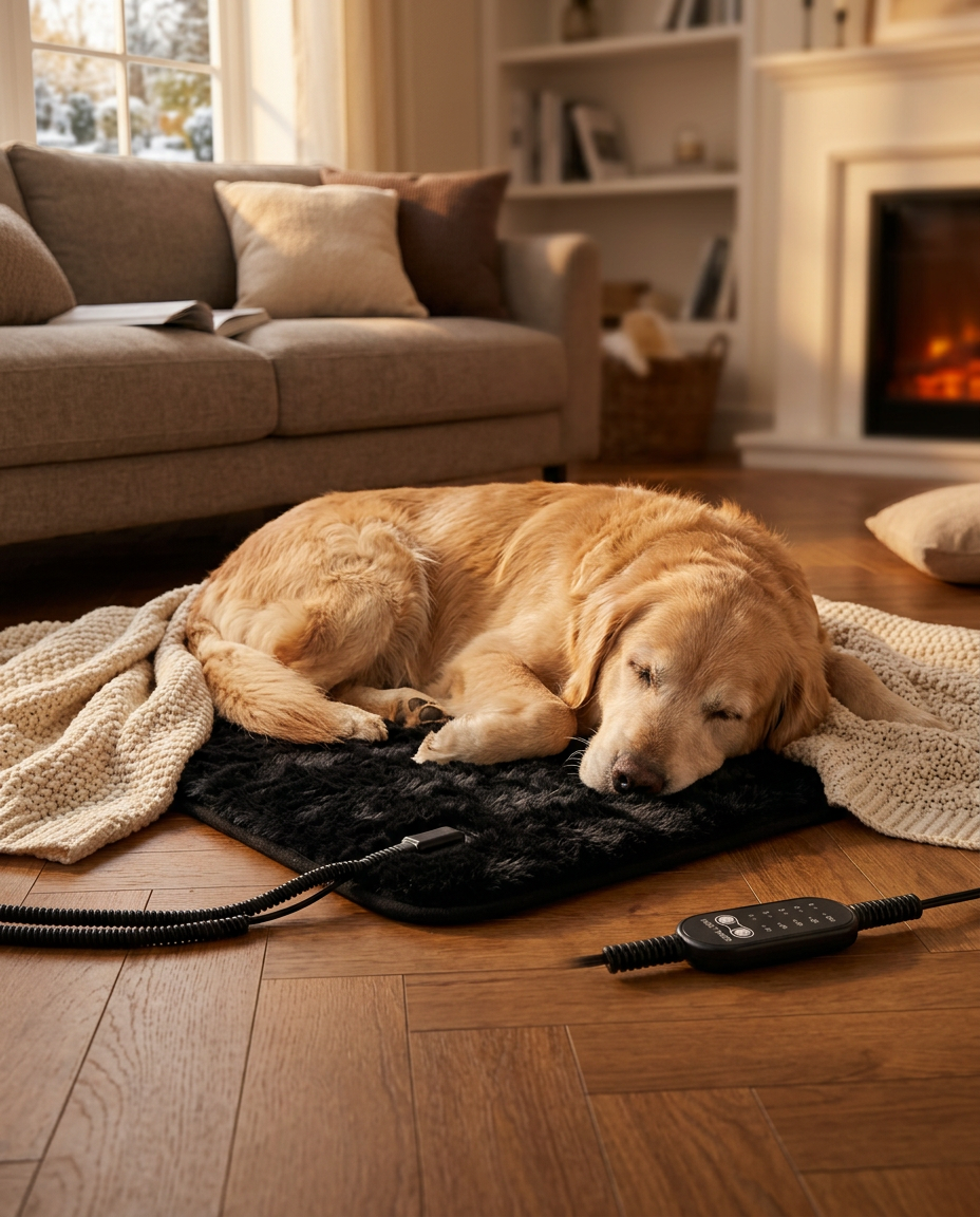 Senior golden retriever asleep on the heated pet mat in a warm living room