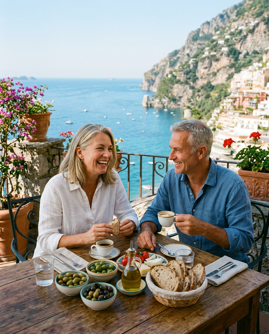 Couple sharing a Mediterranean breakfast on a sunny terrace