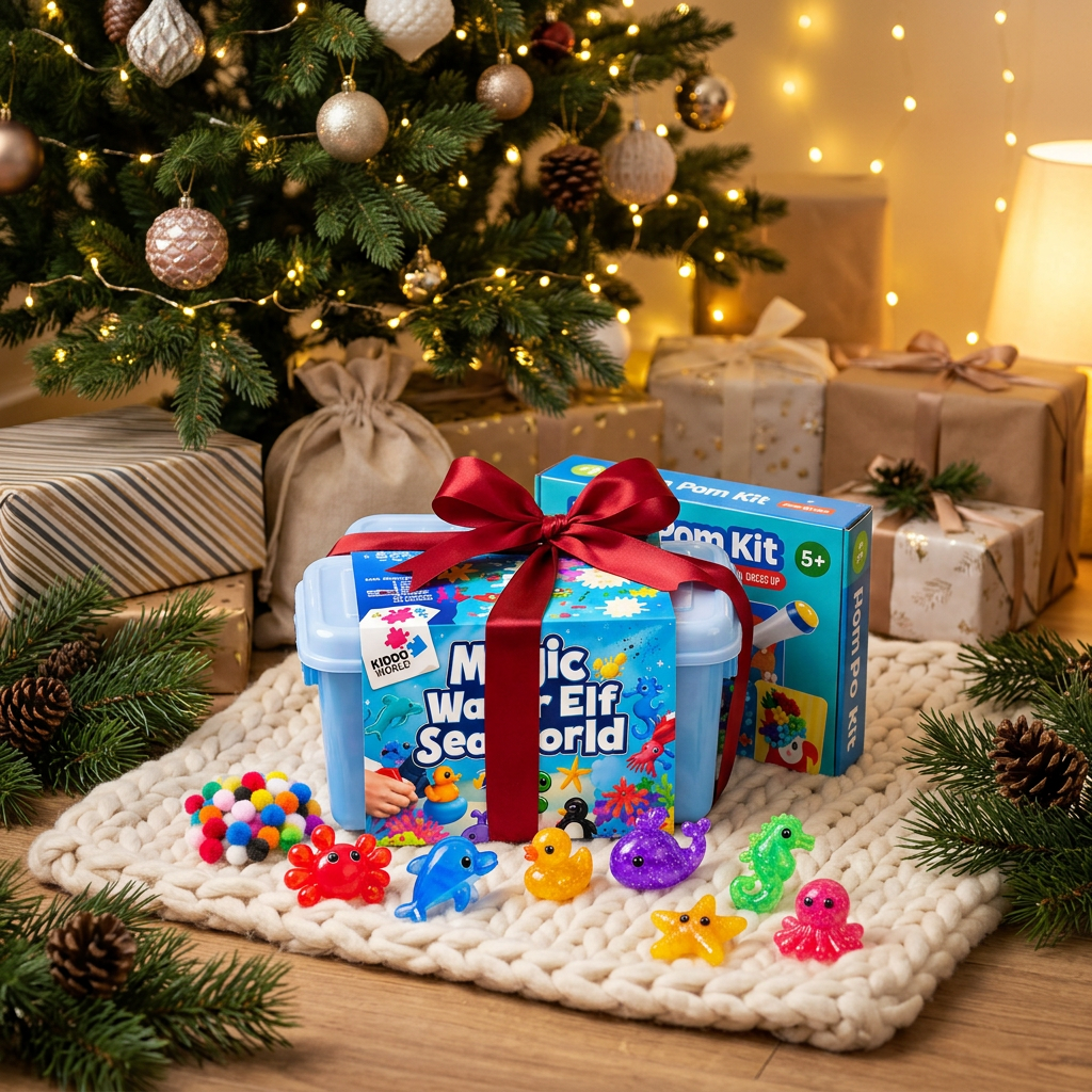 Magic Water Squishies a Pom Pom sada převázané červenou mašlí pod vánočním stromečkem