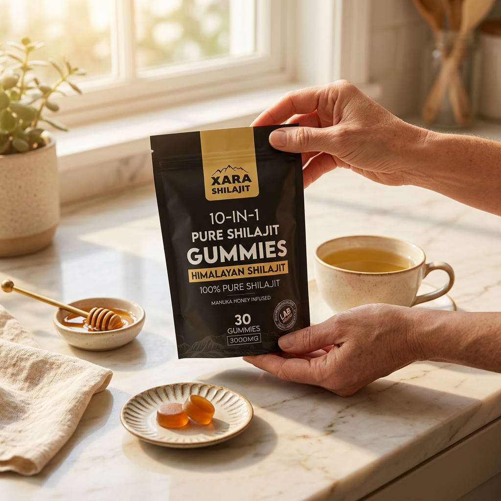 A woman's hands holding the XARA gummy pouch beside tea and honey at a sunlit breakfast counter
