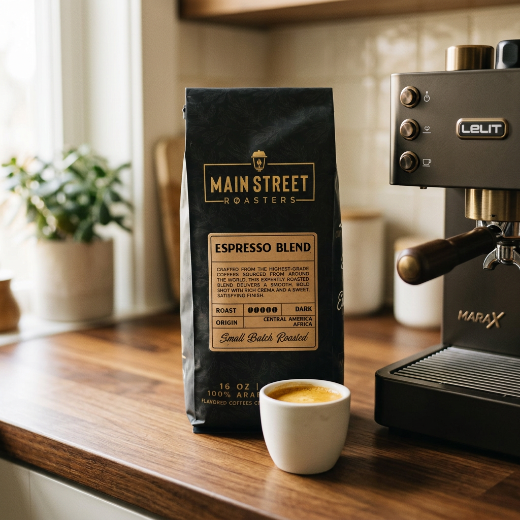 Espresso Blend bag beside a home espresso machine and a fresh shot with golden crema