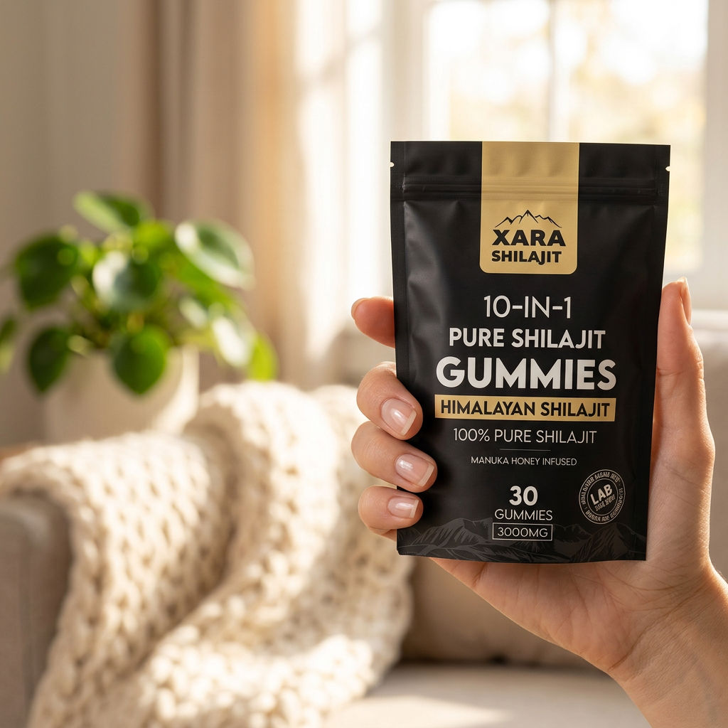 A woman's hand holding the XARA 10-in-1 shilajit gummy pouch in a sunlit living room