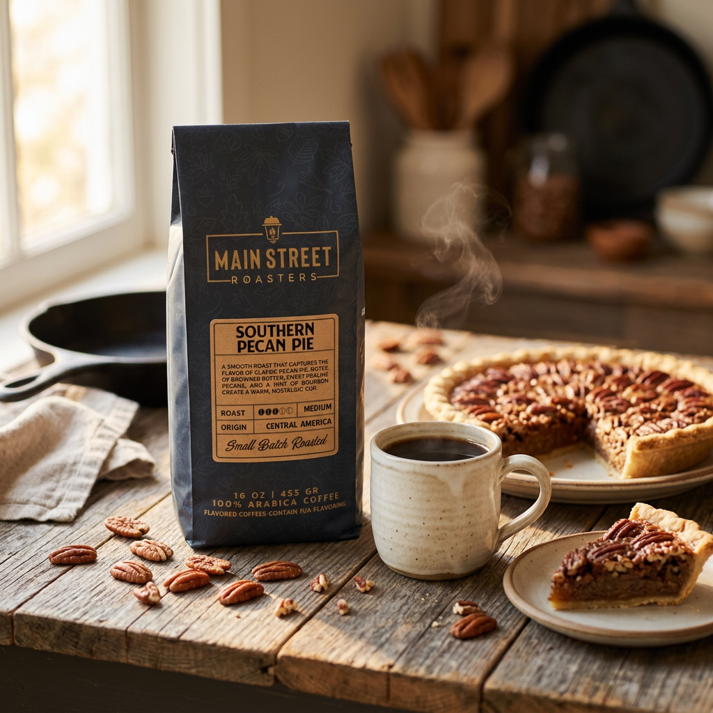 Southern Pecan Pie coffee bag beside a steaming mug and a fresh pecan pie on a wooden counter