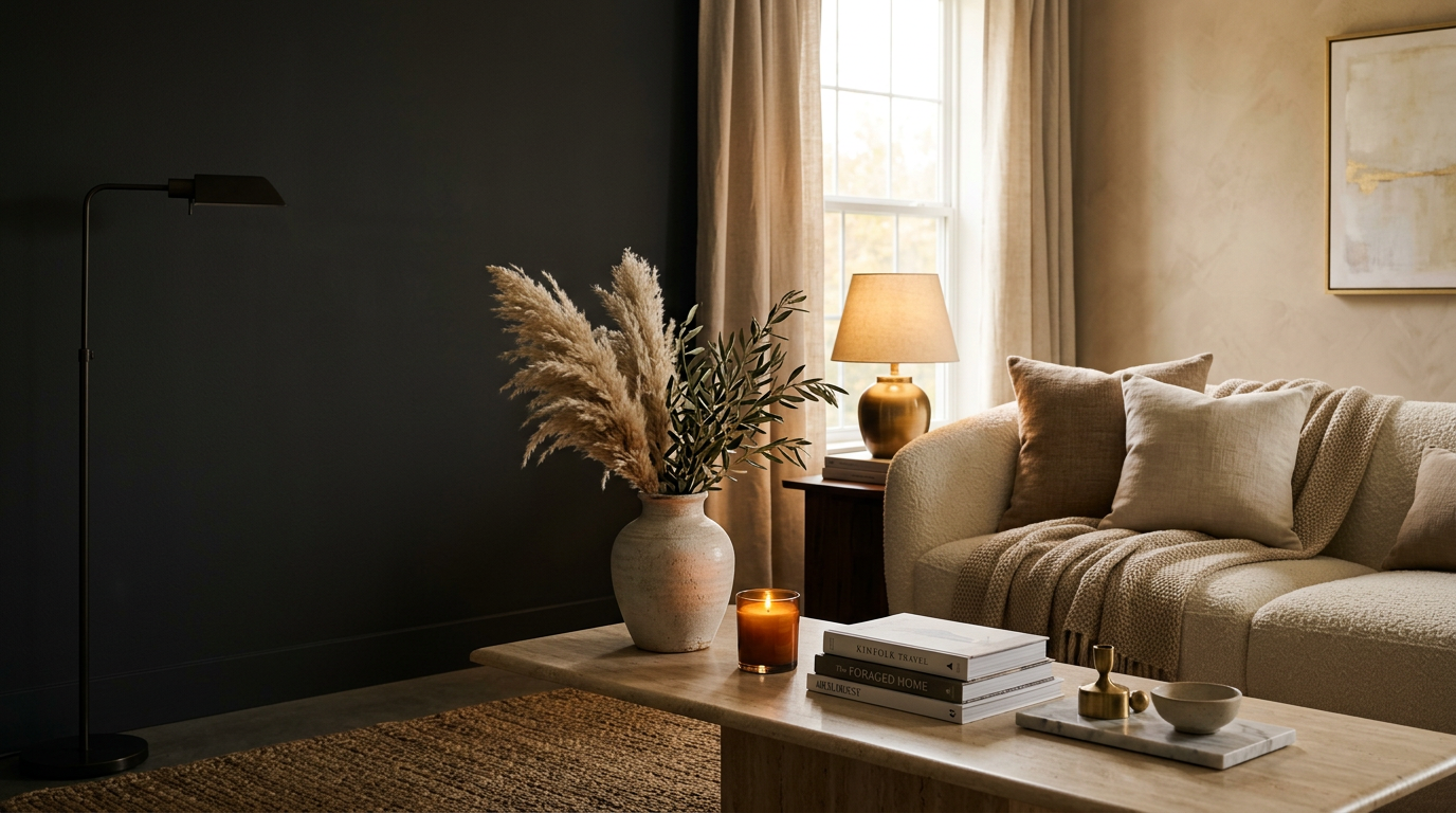 Elegant living room with a ceramic vase of pampas and olive branches, a lit amber candle, a brass lamp and a cream bouclé sofa