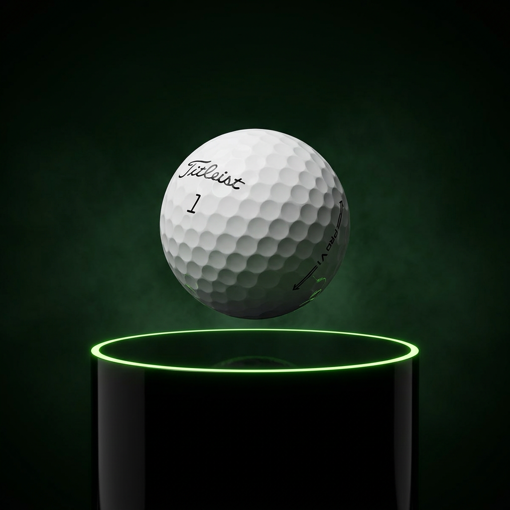 50 Titleist Pro v1/Pro v1x, Pristine grade, floating above a glowing obsidian pedestal
