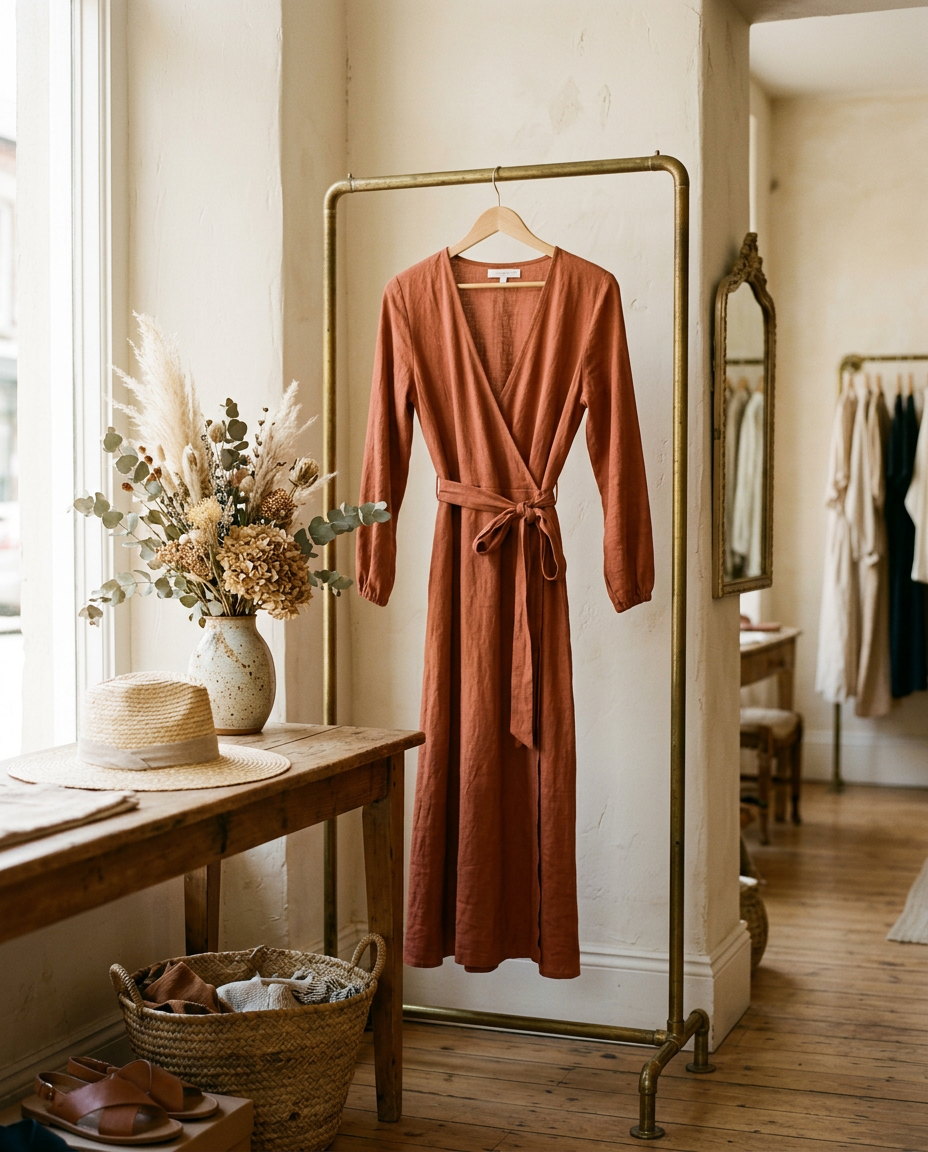 Terracotta wrap dress hanging in a sunlit boutique