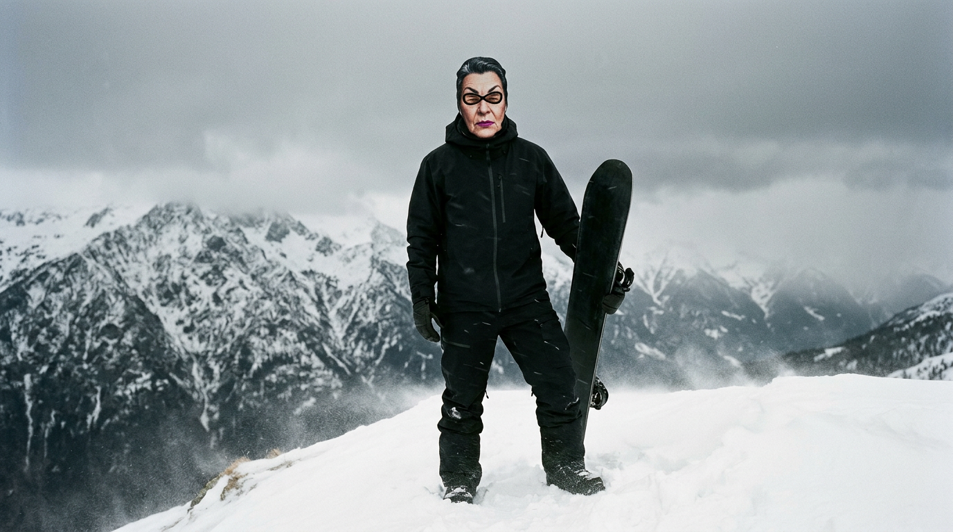Snowboarder on a stormy alpine ridge wearing an Origo face-print balaclava
